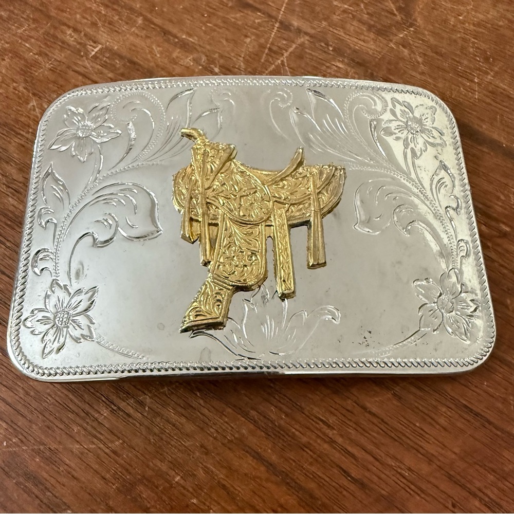 Vintage Western Silver & Gold Tone Saddle Filigree Belt Buckle Cowgirl Boho